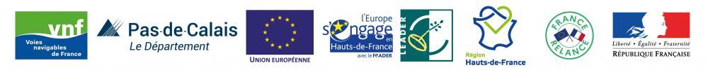 bandeau logos véloroute VNF Pas de Calais Europe Fonds européen Leader Région Hauts de France France Relance Etat Français